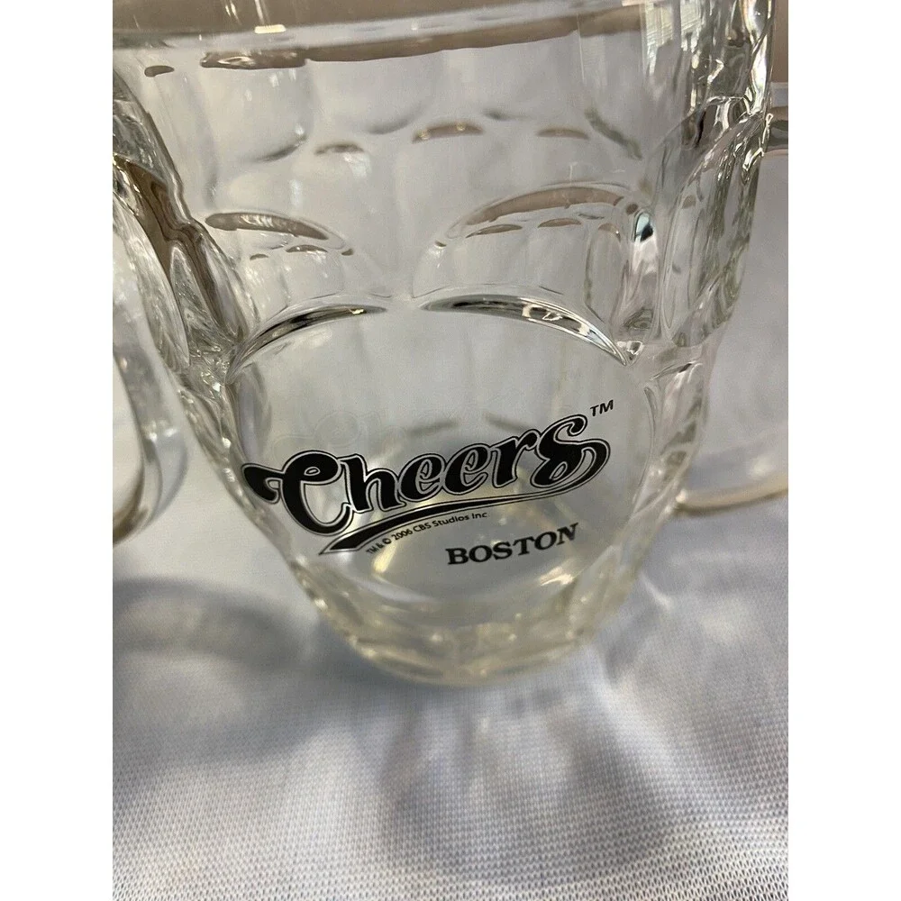 2 Cheers Boston CBS STUDIOS Glass Barrel Beer Glass Mugs Thumbprint Luminarc USA